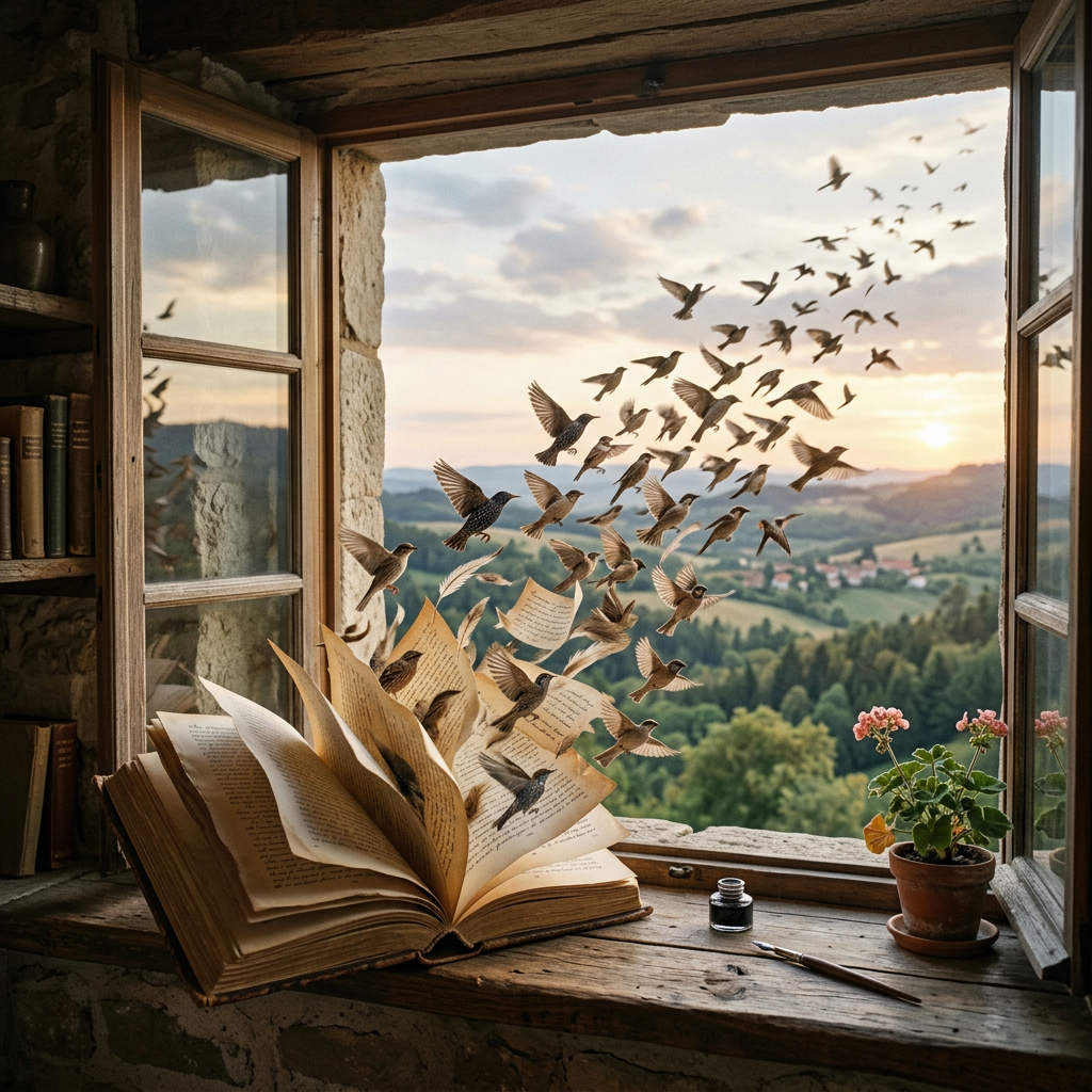 An open book with pages transforming into birds flying out of a window overlooking a countryside landscape at sunset